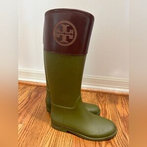 Tory Burch rain boots in olive and brown